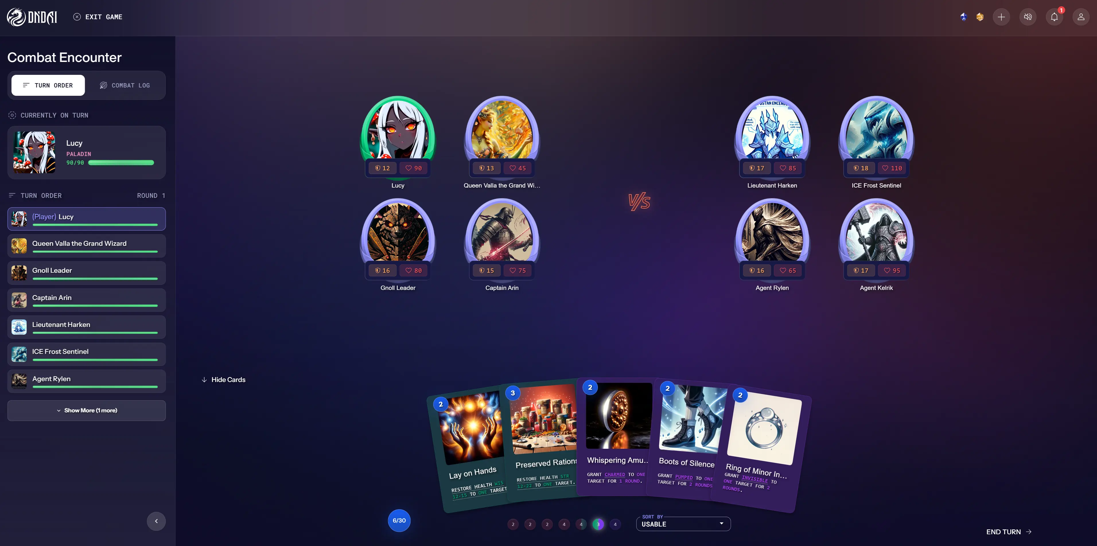 Combat System Screenshot Combat system interface showing tactical battle