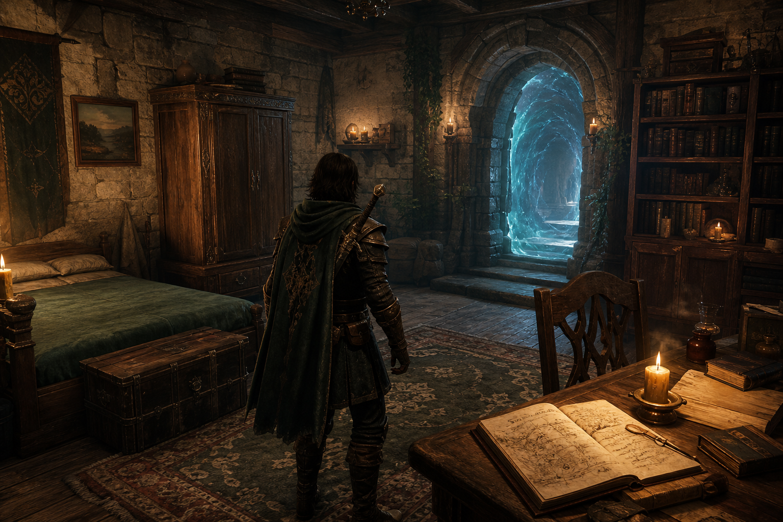 DND AI 2.0 Character in a personal 3D home with a glowing portal