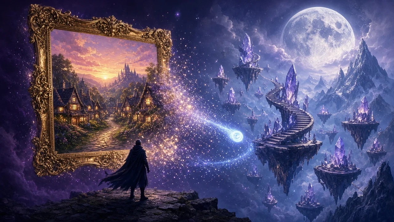 Patch 2.6 3D Scenes A painted village spilling out of its frame into a 3D world of floating crystal platforms and moonlit peaks