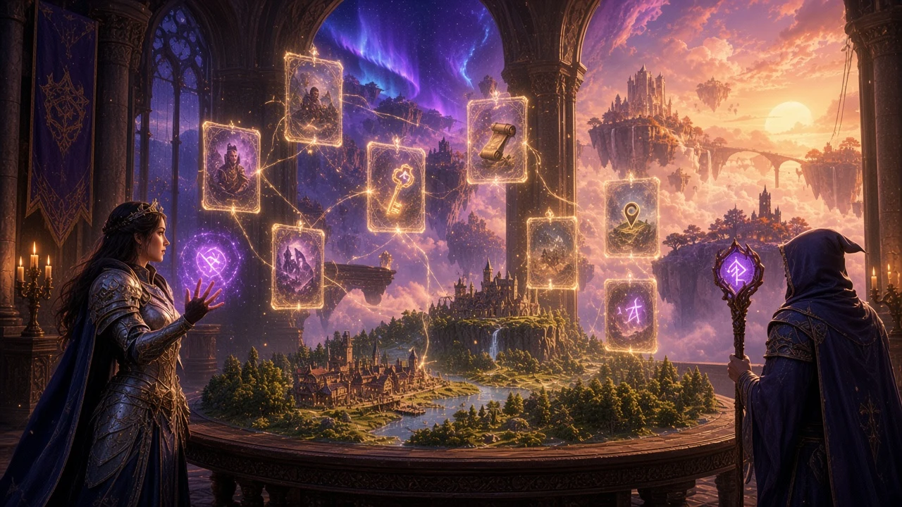 DNDAI 3.0 A World That Remembers A paladin with glowing spell slot orbs and a hooded wizard stand at a war table holding a living miniature world, with glowing memory cards of people, promises and keys linked by golden threads above it