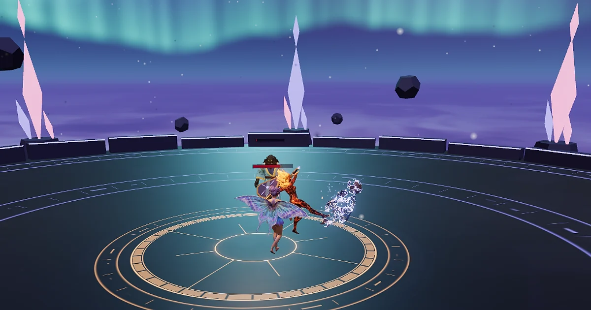 Patch 3.2 Endless Survival A player's 3D hero fighting community heroes in the Endless Survival arena under an aurora sky